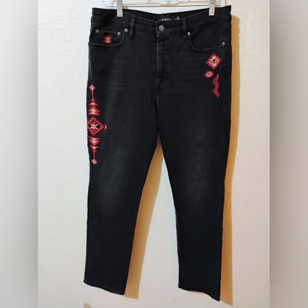 Lauren Ralph Lauren Black Straight Leg Jeans with Red Embroidered Accents